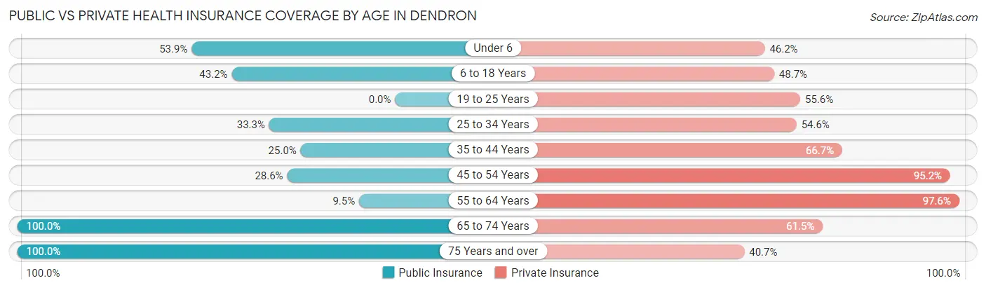 Public vs Private Health Insurance Coverage by Age in Dendron
