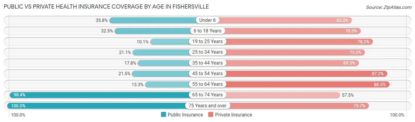 Public vs Private Health Insurance Coverage by Age in Fishersville