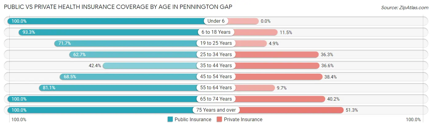 Public vs Private Health Insurance Coverage by Age in Pennington Gap