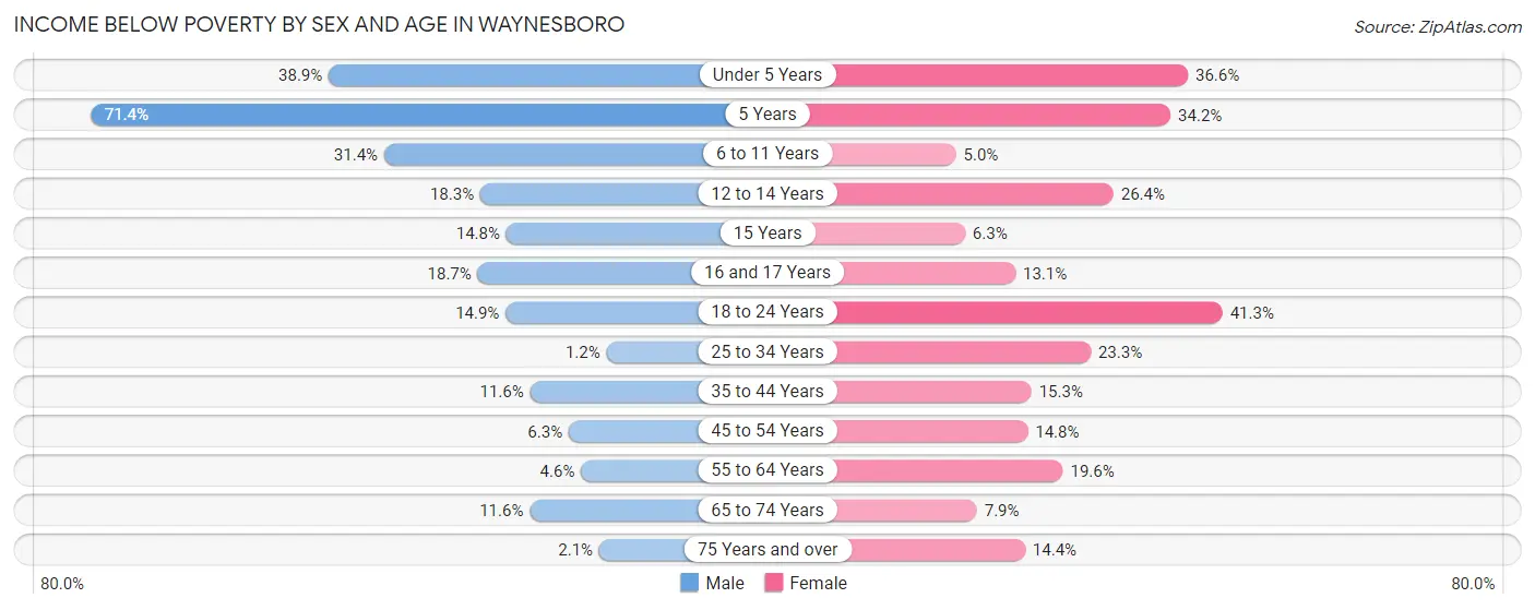 Income Below Poverty by Sex and Age in Waynesboro