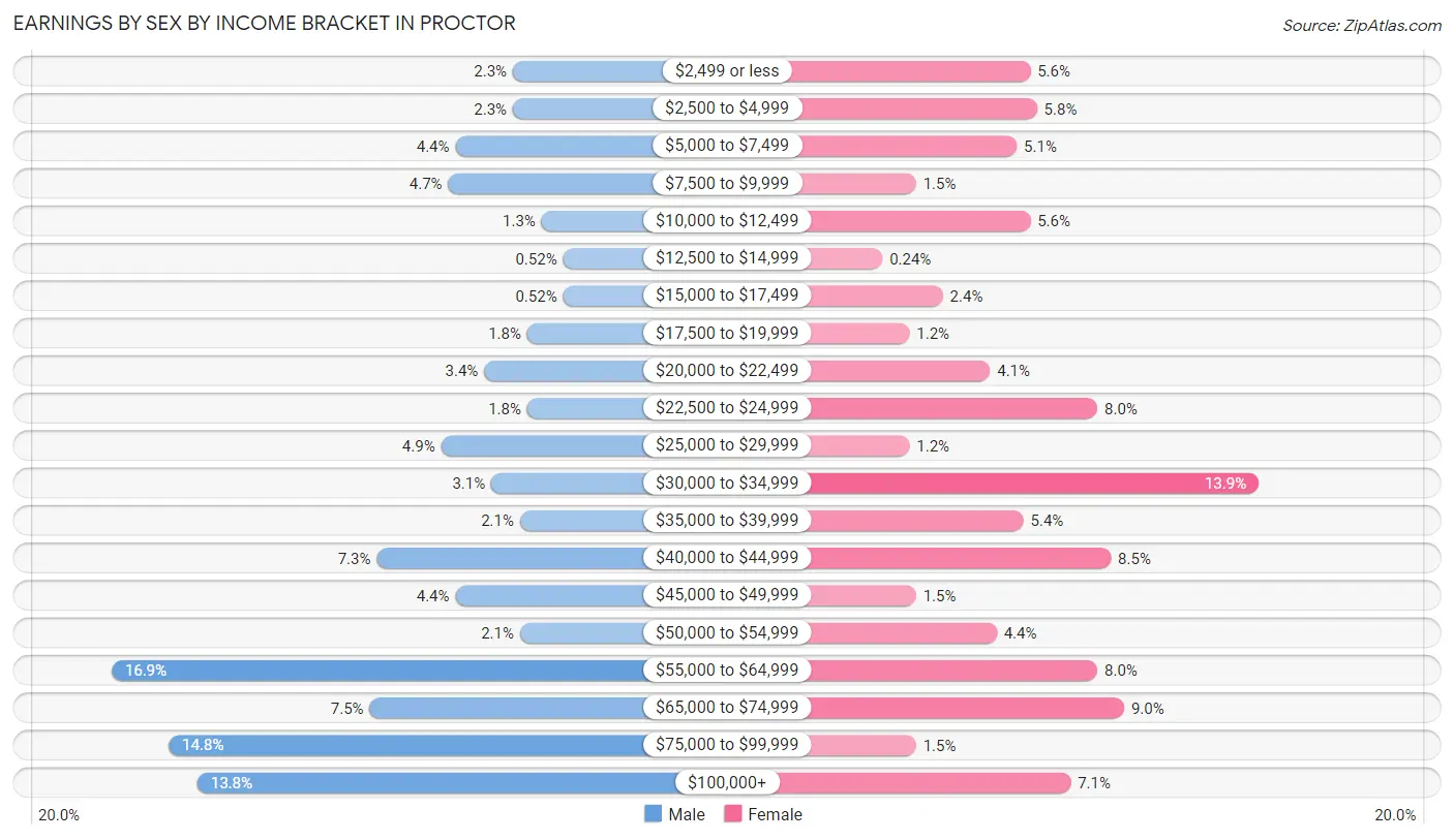 Earnings by Sex by Income Bracket in Proctor