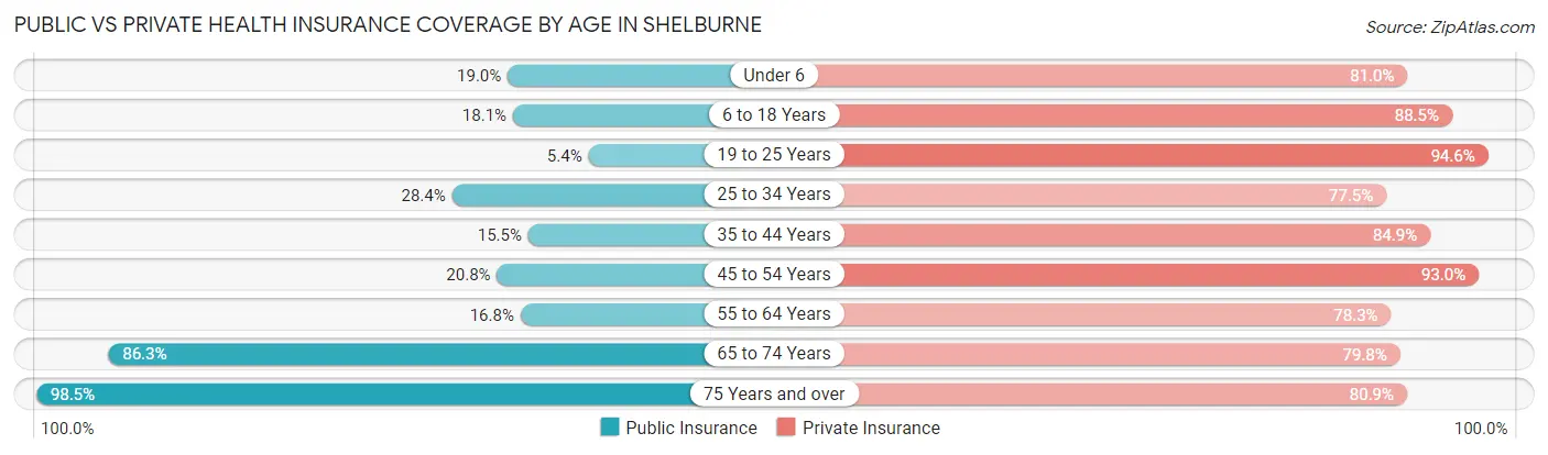 Public vs Private Health Insurance Coverage by Age in Shelburne