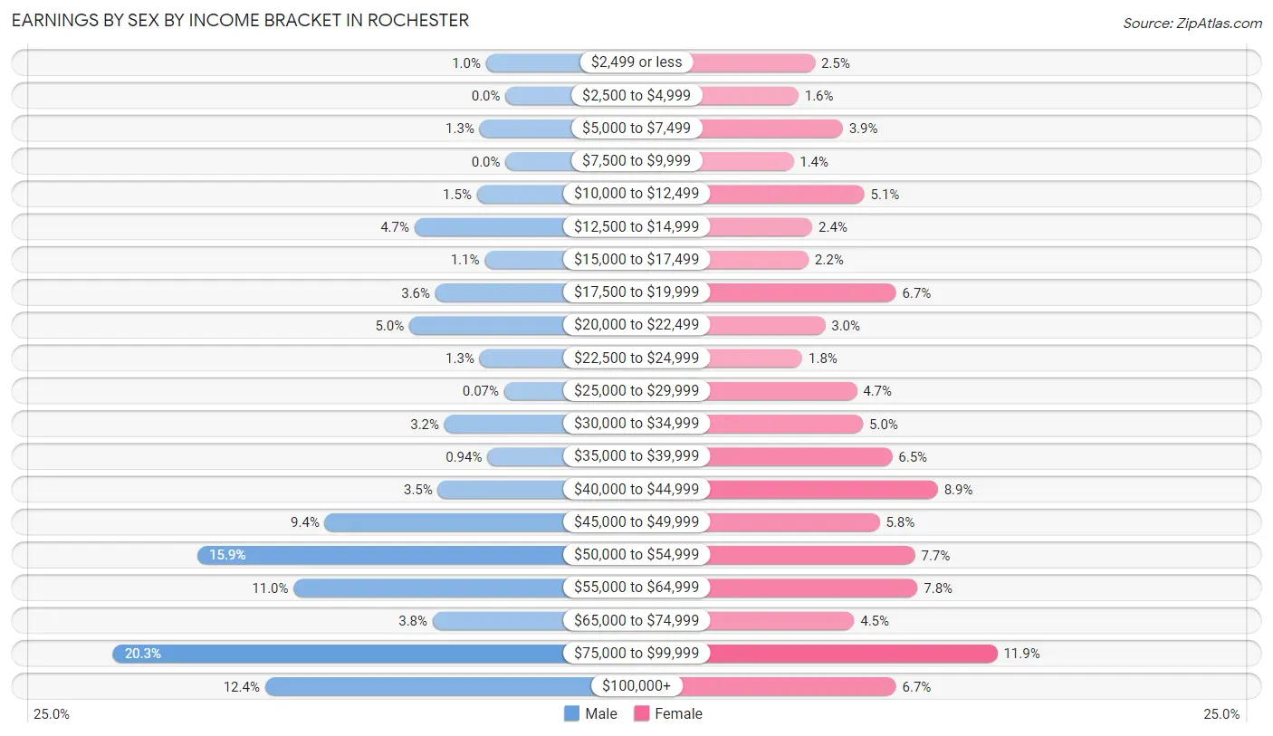 Earnings by Sex by Income Bracket in Rochester