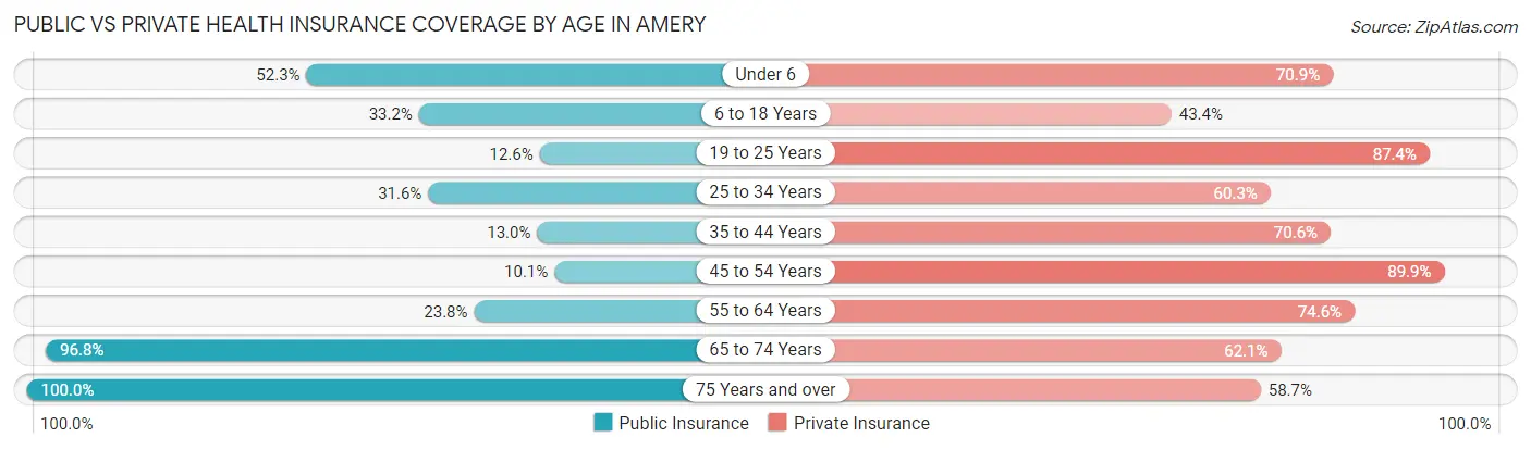 Public vs Private Health Insurance Coverage by Age in Amery