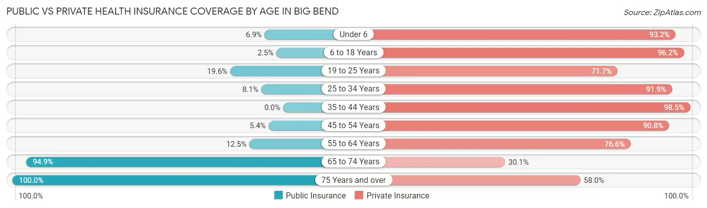 Public vs Private Health Insurance Coverage by Age in Big Bend
