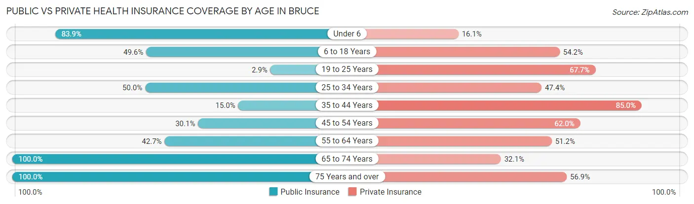 Public vs Private Health Insurance Coverage by Age in Bruce