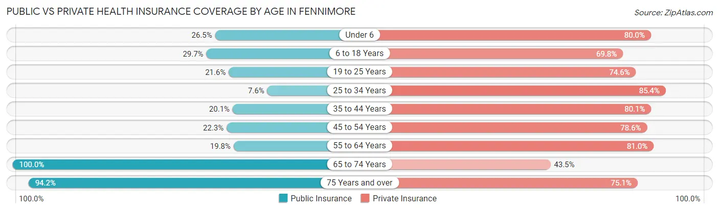 Public vs Private Health Insurance Coverage by Age in Fennimore