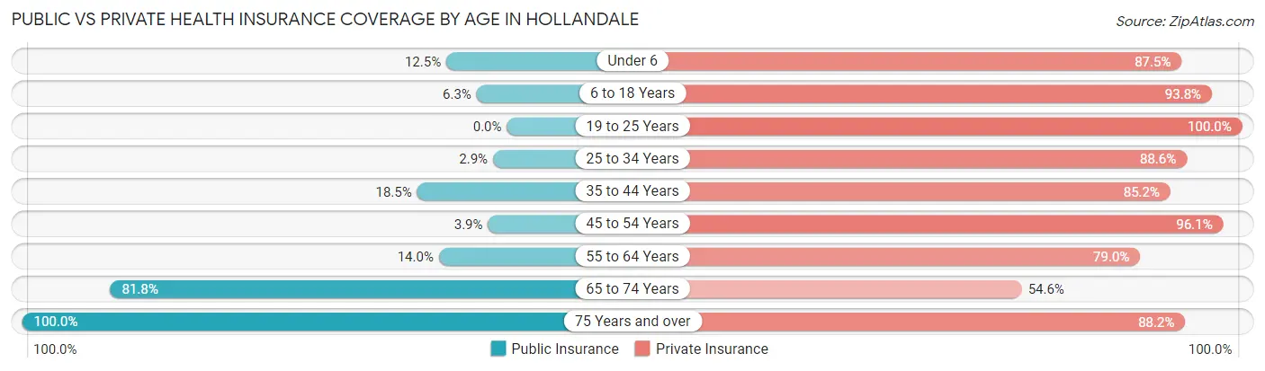 Public vs Private Health Insurance Coverage by Age in Hollandale