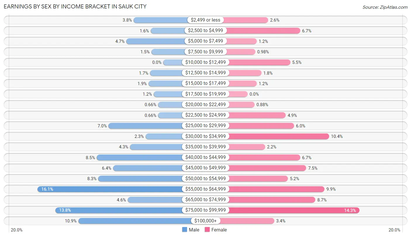 Earnings by Sex by Income Bracket in Sauk City
