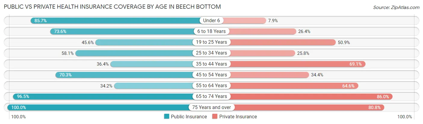Public vs Private Health Insurance Coverage by Age in Beech Bottom