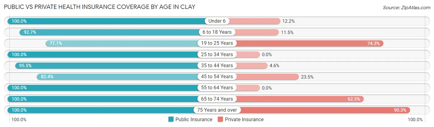 Public vs Private Health Insurance Coverage by Age in Clay
