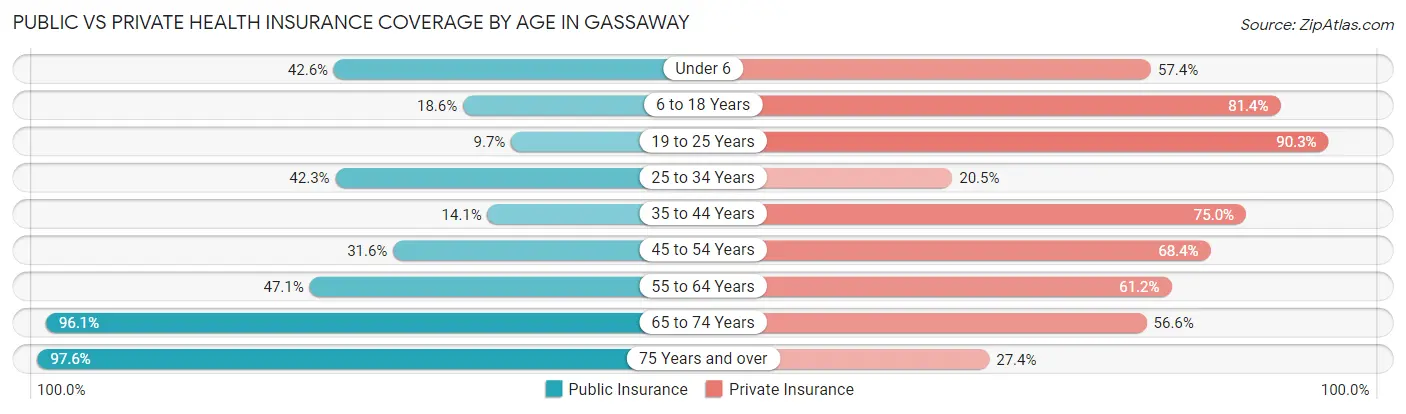 Public vs Private Health Insurance Coverage by Age in Gassaway