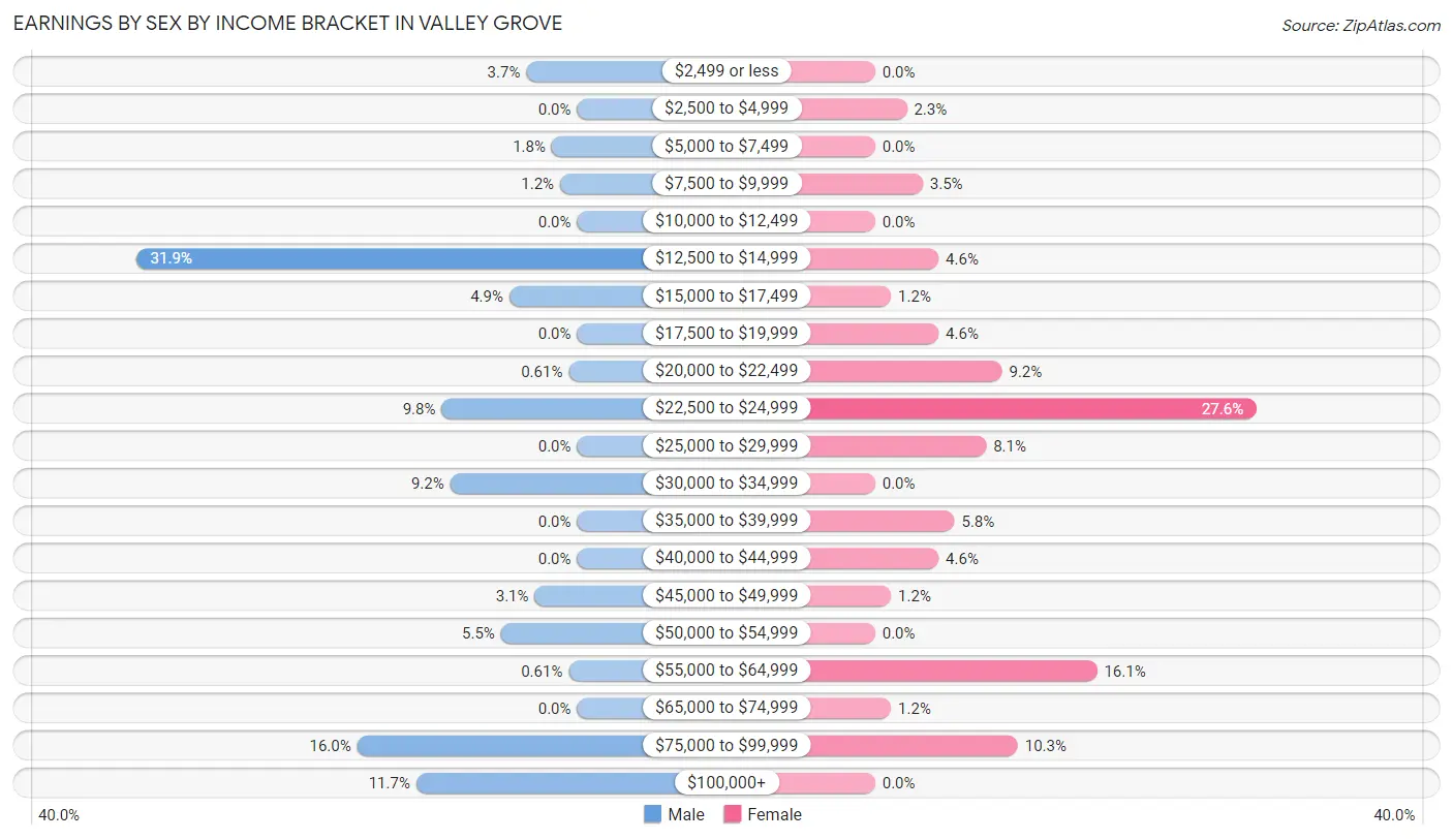 Earnings by Sex by Income Bracket in Valley Grove