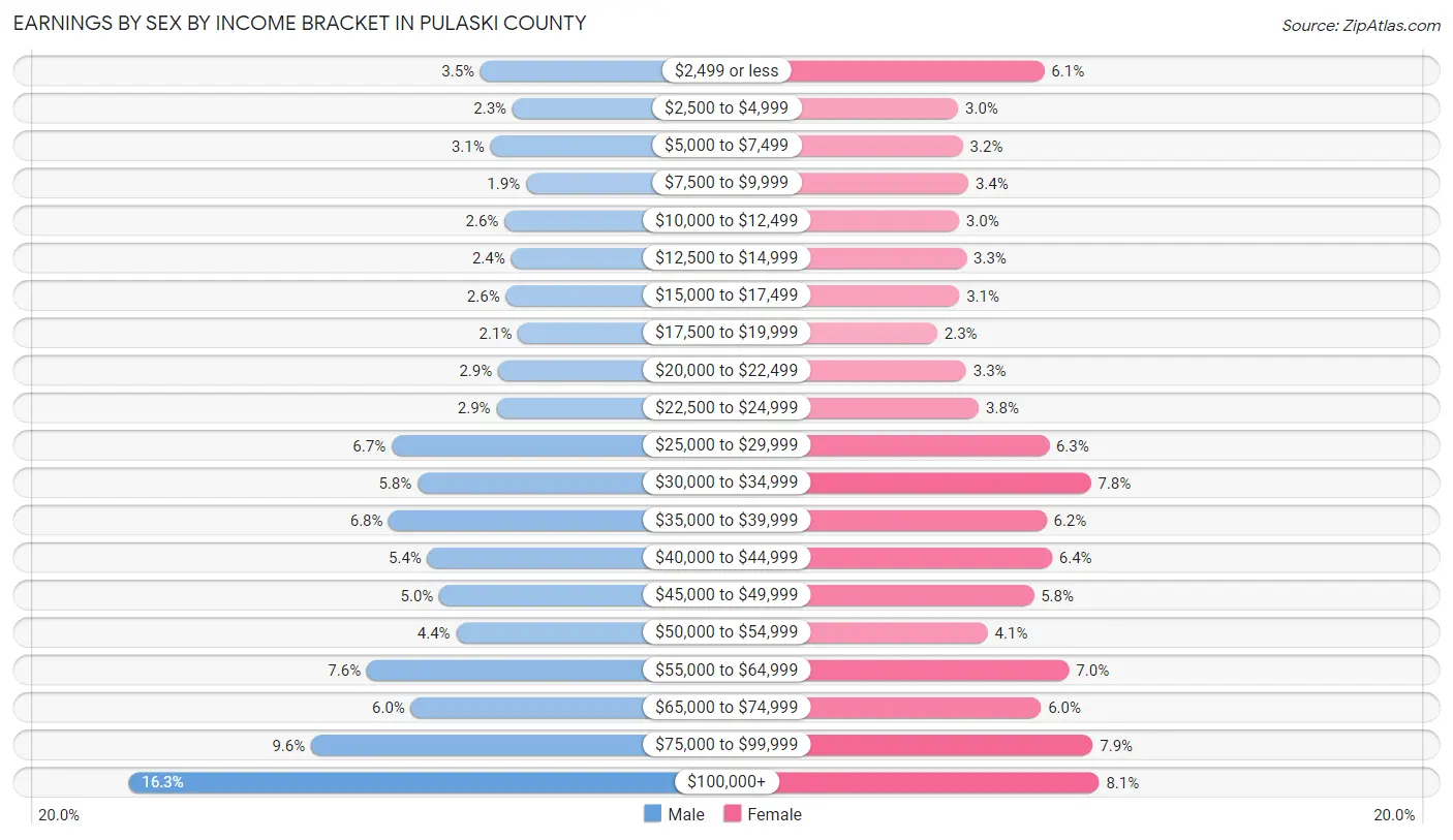 Earnings by Sex by Income Bracket in Pulaski County
