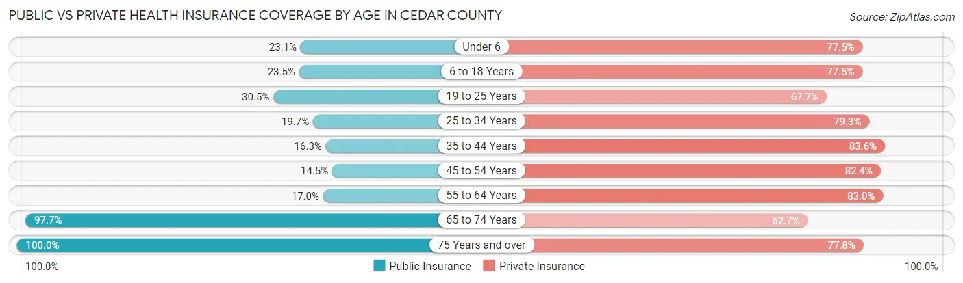 Public vs Private Health Insurance Coverage by Age in Cedar County