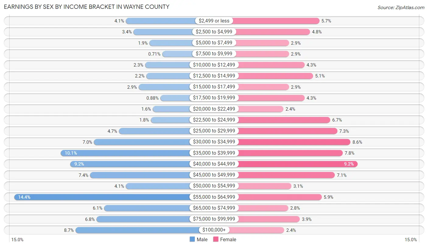 Earnings by Sex by Income Bracket in Wayne County