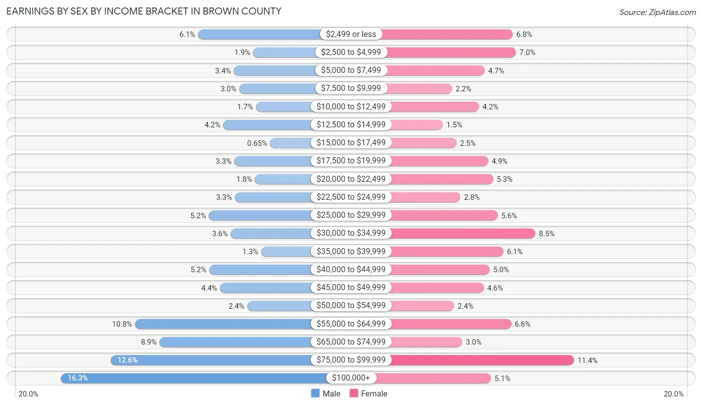 Earnings by Sex by Income Bracket in Brown County