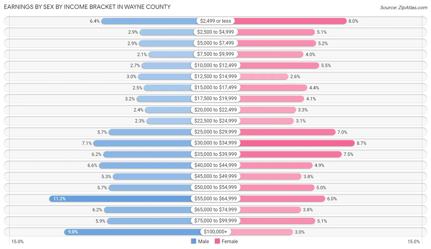 Earnings by Sex by Income Bracket in Wayne County