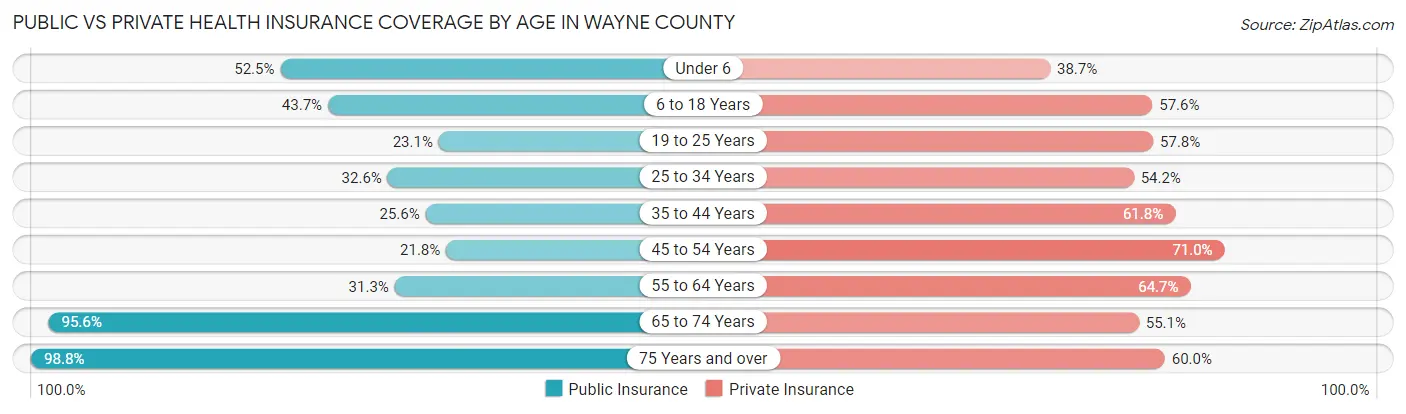 Public vs Private Health Insurance Coverage by Age in Wayne County