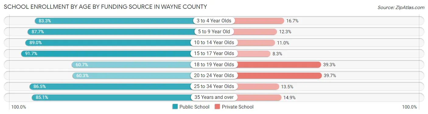 School Enrollment by Age by Funding Source in Wayne County