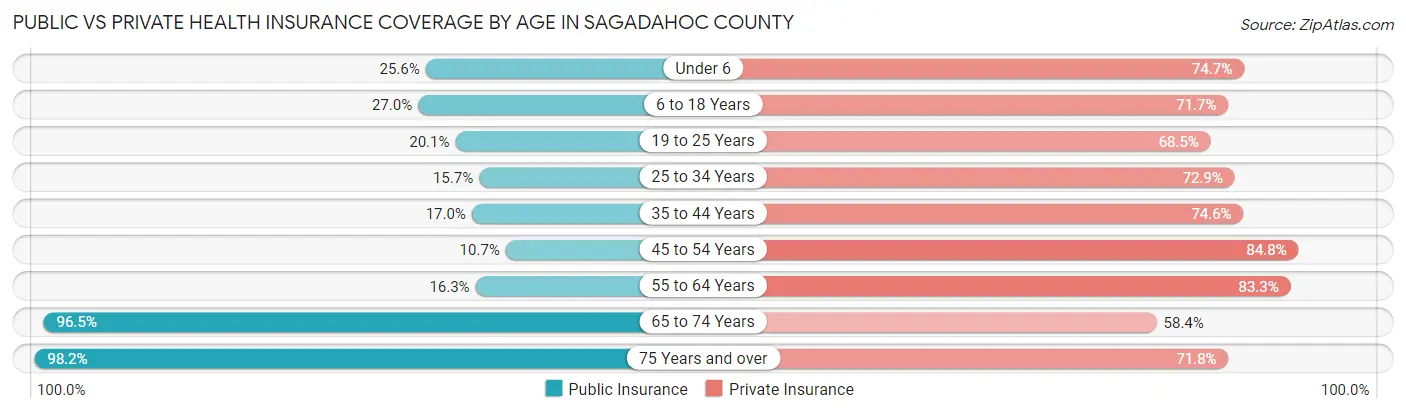 Public vs Private Health Insurance Coverage by Age in Sagadahoc County