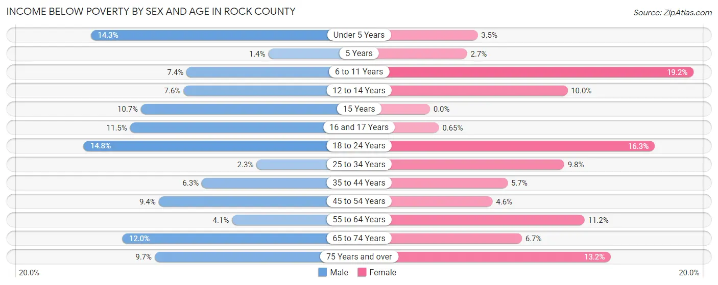 Income Below Poverty by Sex and Age in Rock County