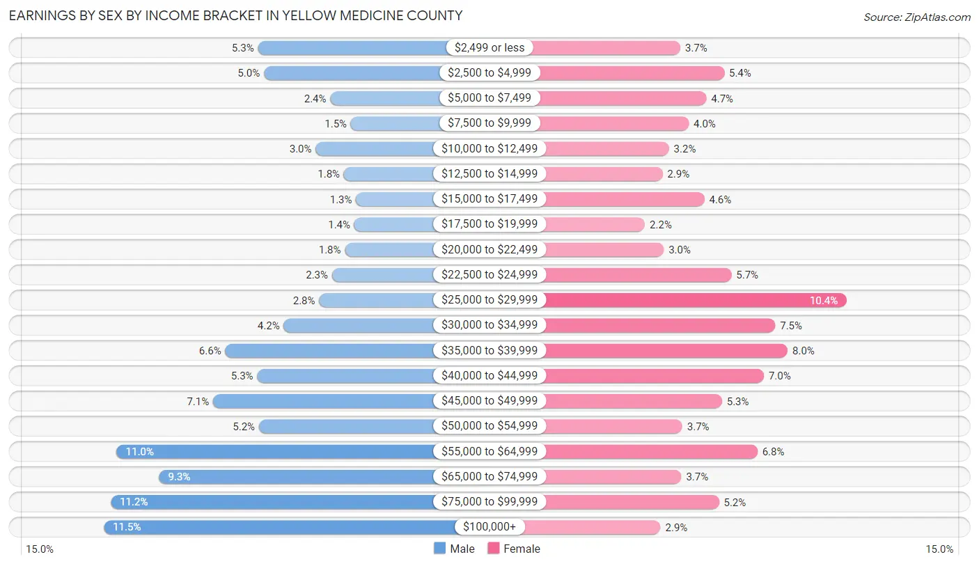 Earnings by Sex by Income Bracket in Yellow Medicine County