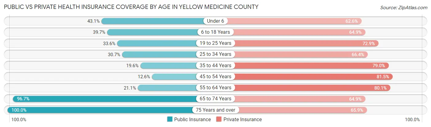 Public vs Private Health Insurance Coverage by Age in Yellow Medicine County