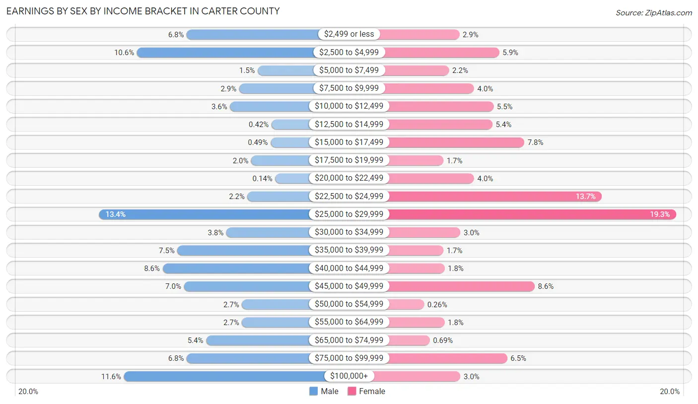 Earnings by Sex by Income Bracket in Carter County