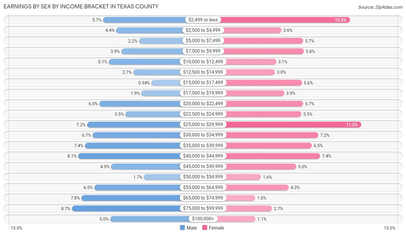 Earnings by Sex by Income Bracket in Texas County