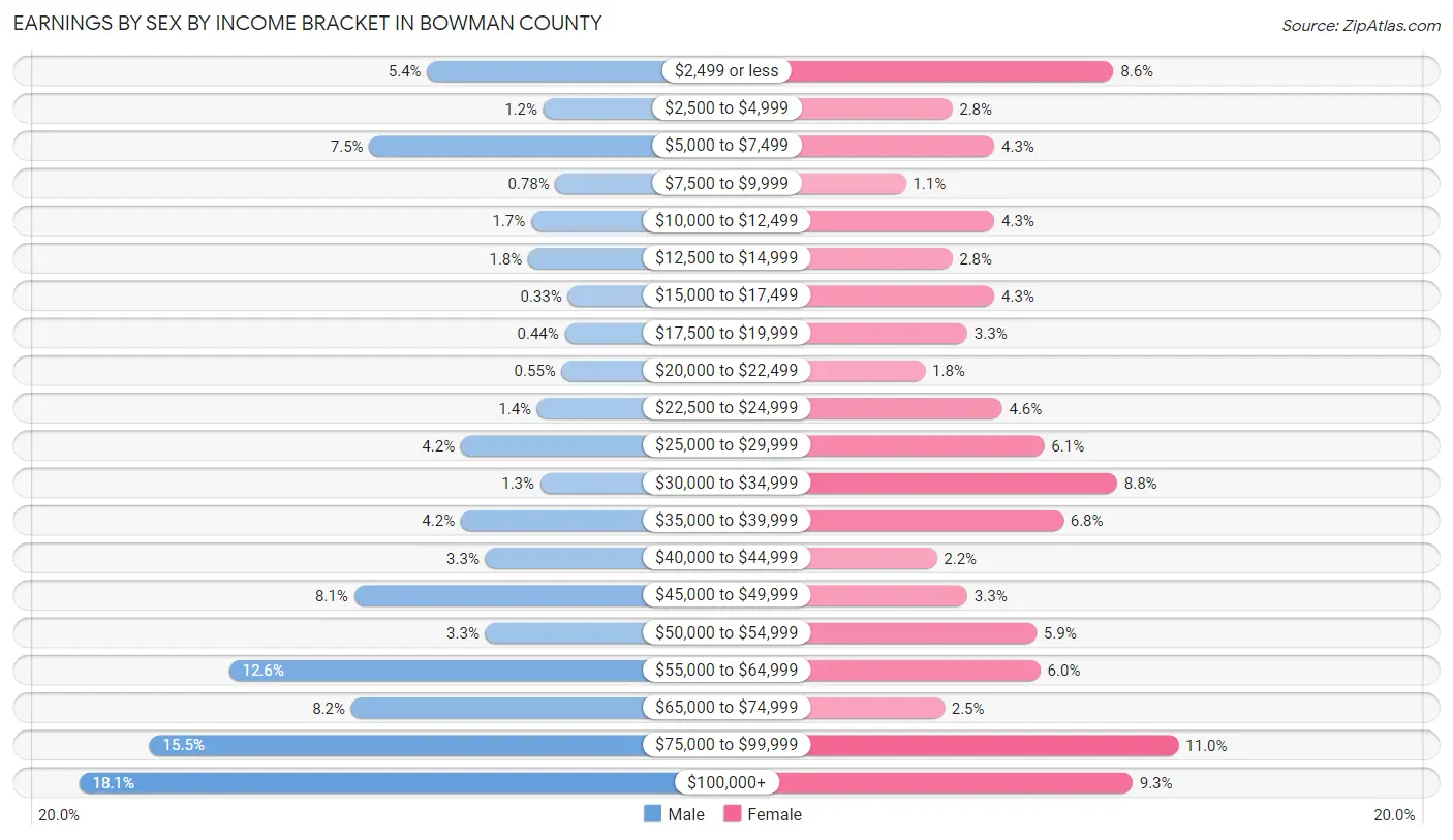 Earnings by Sex by Income Bracket in Bowman County
