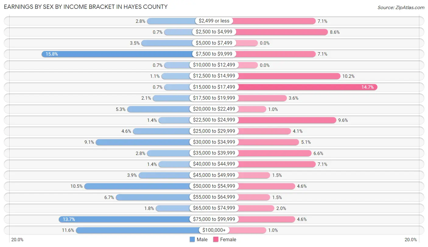 Earnings by Sex by Income Bracket in Hayes County