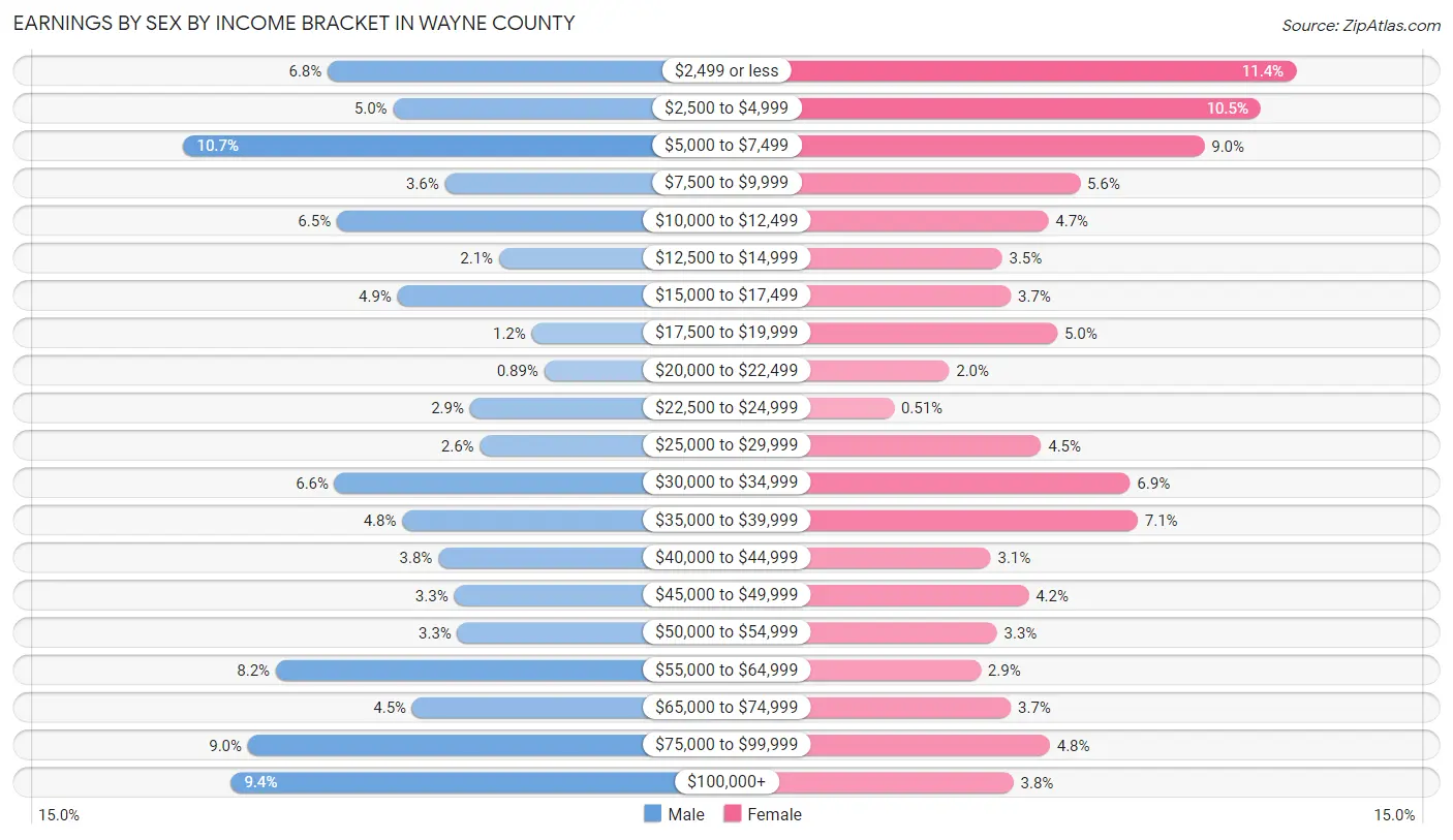 Earnings by Sex by Income Bracket in Wayne County