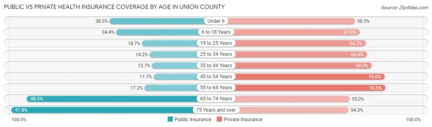 Public vs Private Health Insurance Coverage by Age in Union County