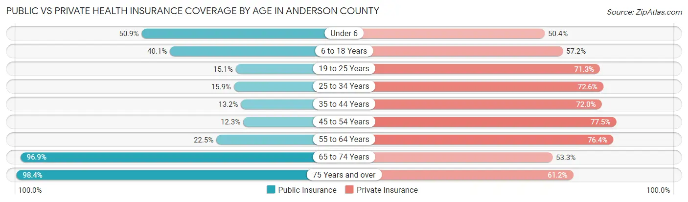 Public vs Private Health Insurance Coverage by Age in Anderson County