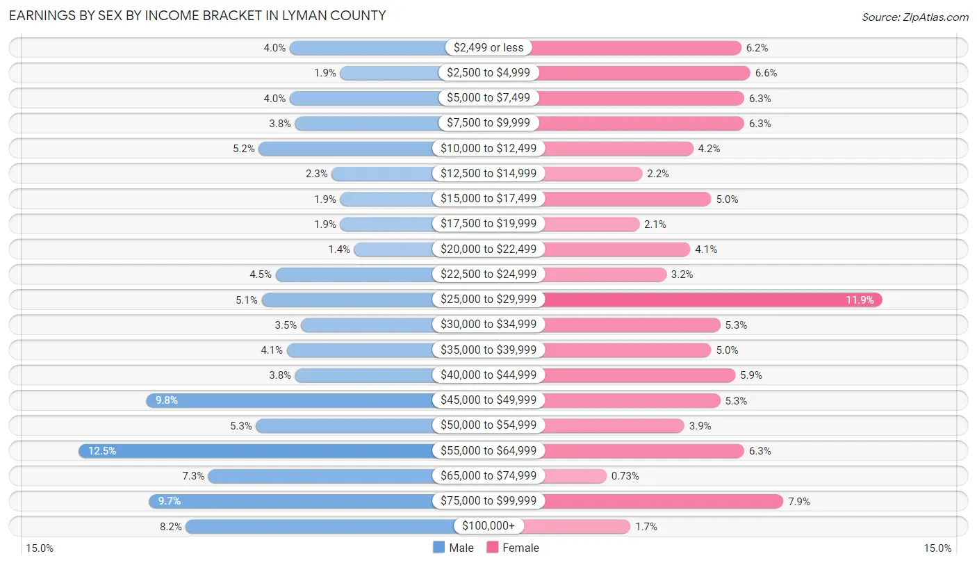 Earnings by Sex by Income Bracket in Lyman County