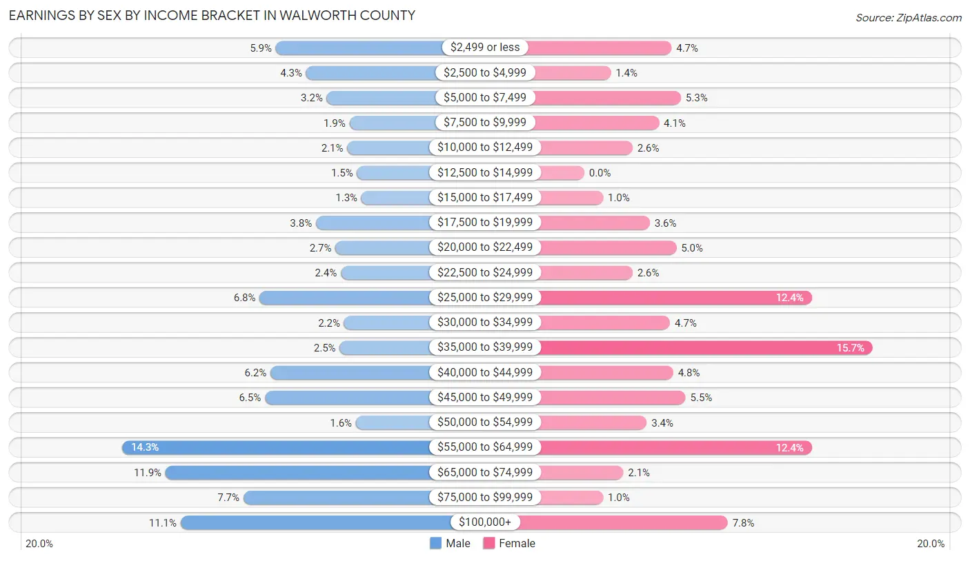 Earnings by Sex by Income Bracket in Walworth County