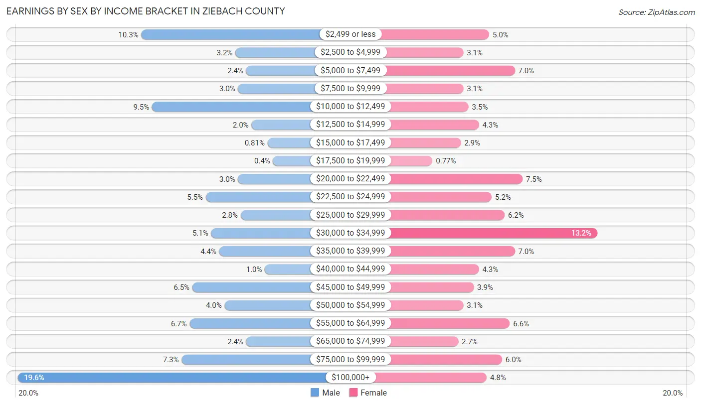 Earnings by Sex by Income Bracket in Ziebach County