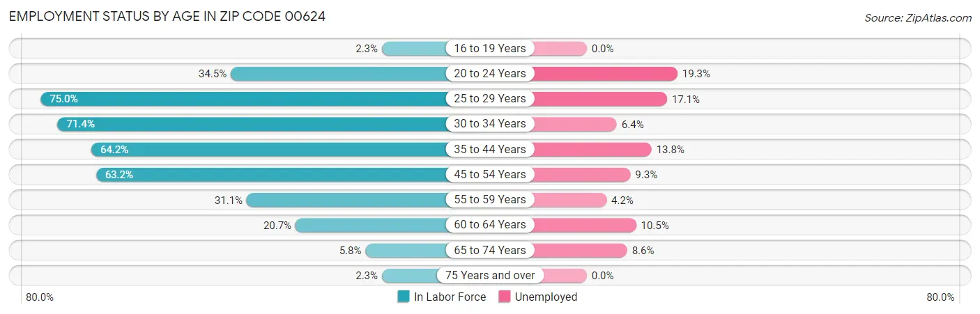 Employment Status by Age in Zip Code 00624