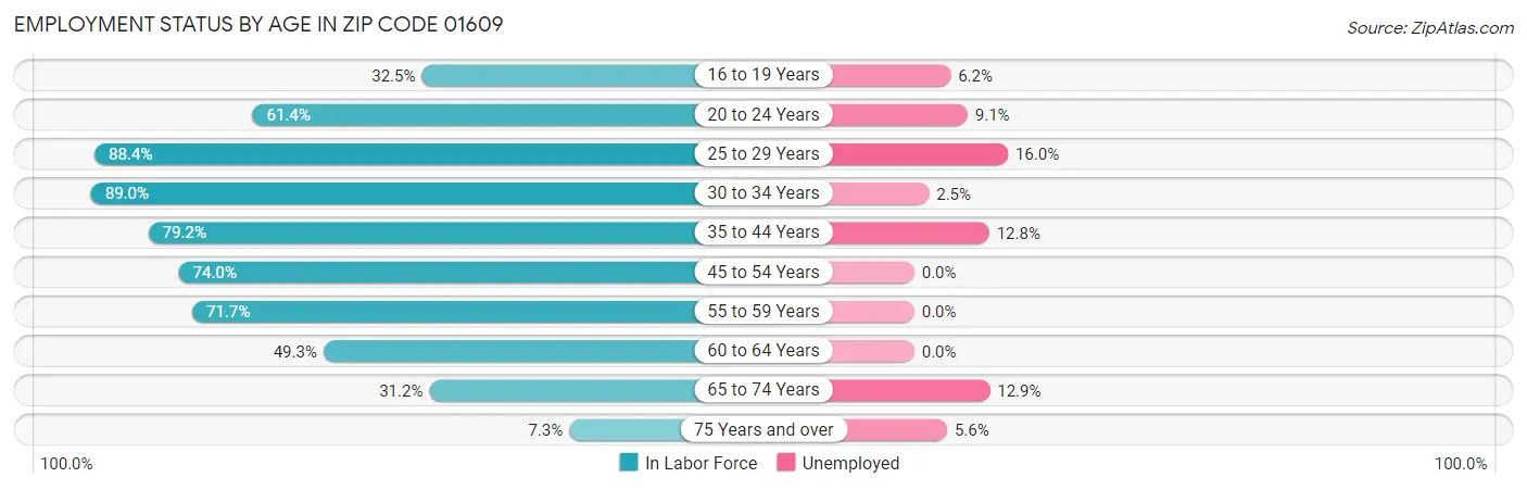 Employment Status by Age in Zip Code 01609