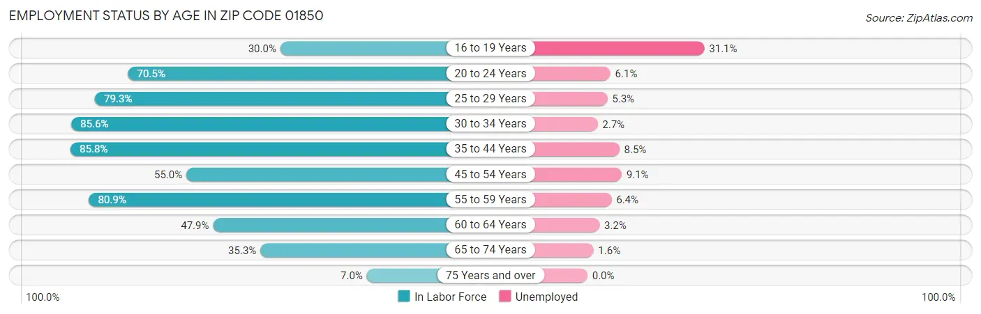 Employment Status by Age in Zip Code 01850