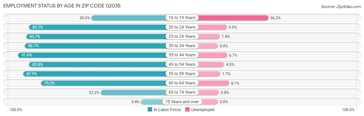 Employment Status by Age in Zip Code 02035