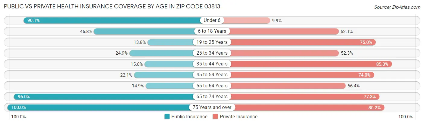 Public vs Private Health Insurance Coverage by Age in Zip Code 03813