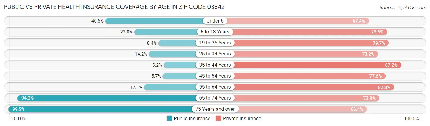 Public vs Private Health Insurance Coverage by Age in Zip Code 03842