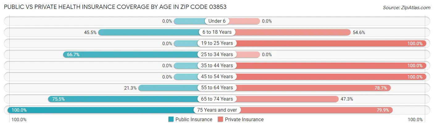 Public vs Private Health Insurance Coverage by Age in Zip Code 03853