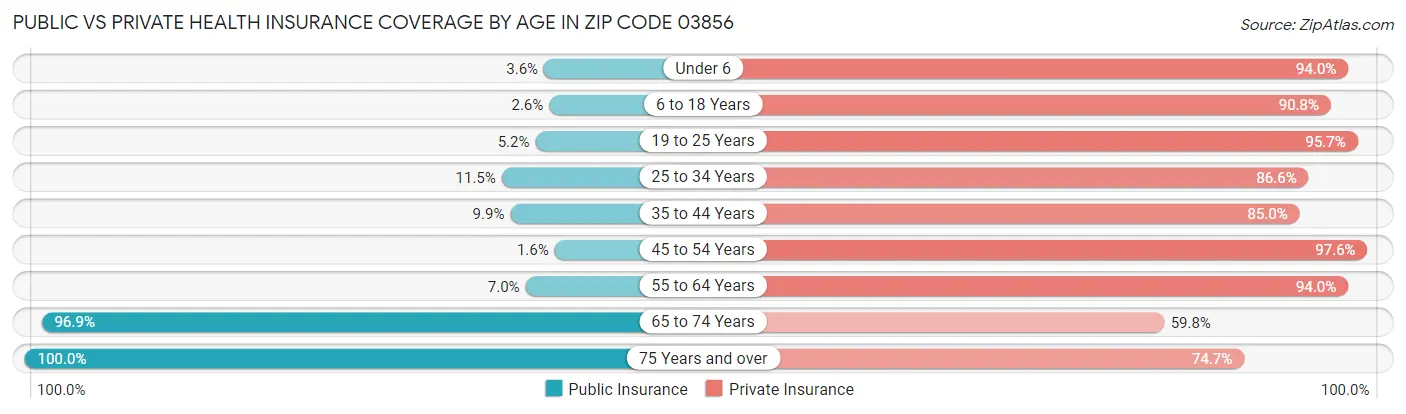 Public vs Private Health Insurance Coverage by Age in Zip Code 03856