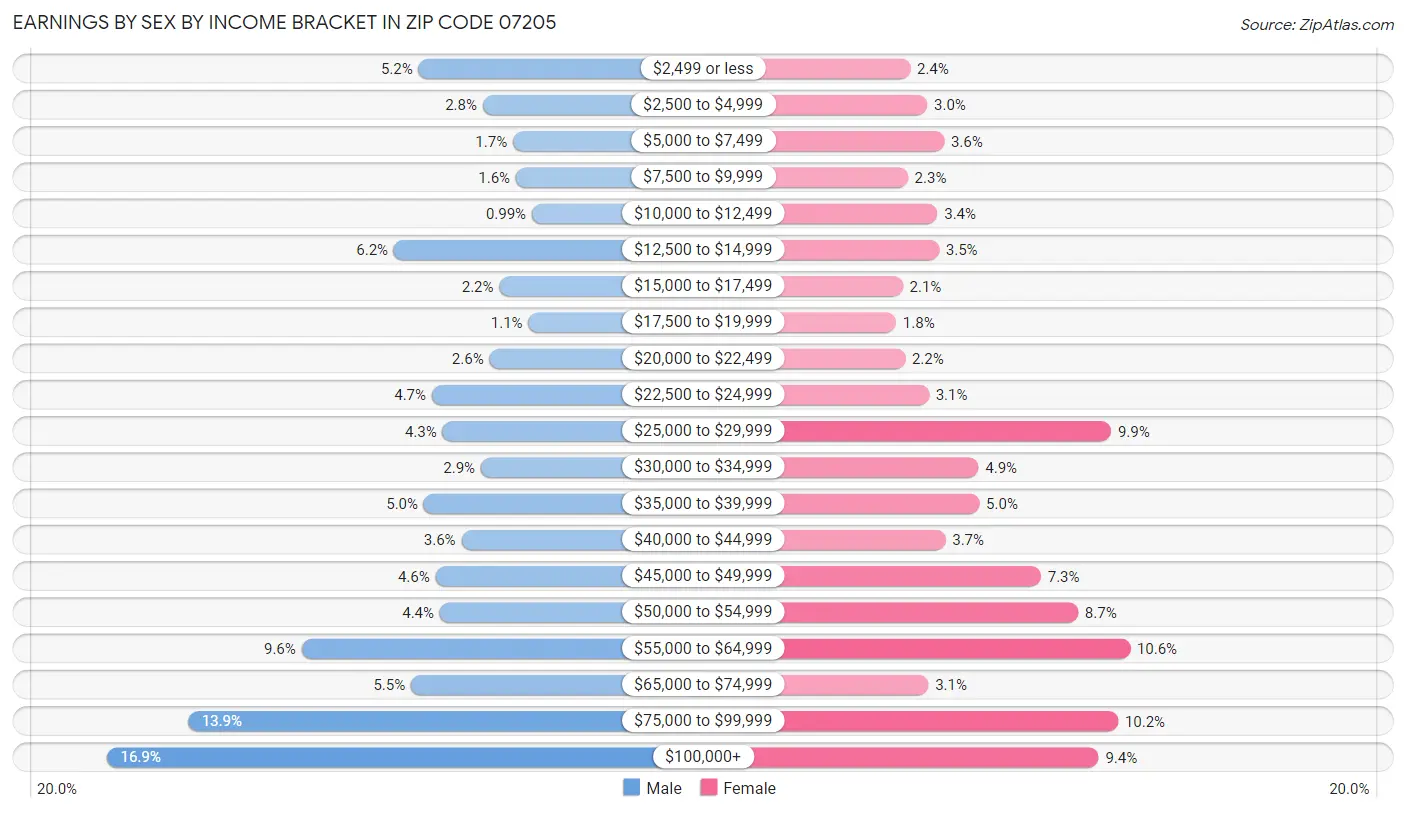 Earnings by Sex by Income Bracket in Zip Code 07205