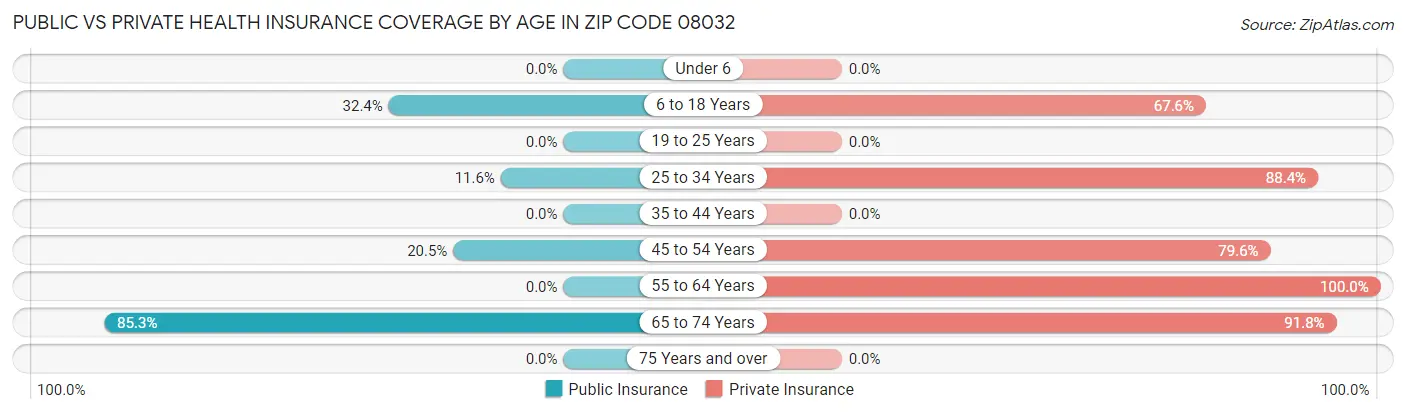 Public vs Private Health Insurance Coverage by Age in Zip Code 08032