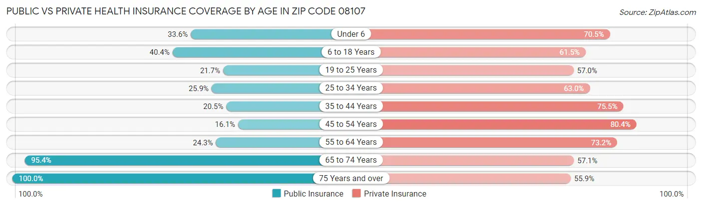 Public vs Private Health Insurance Coverage by Age in Zip Code 08107