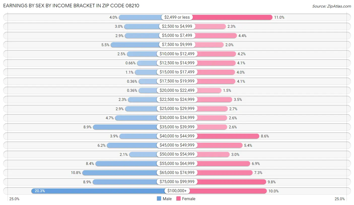 Earnings by Sex by Income Bracket in Zip Code 08210